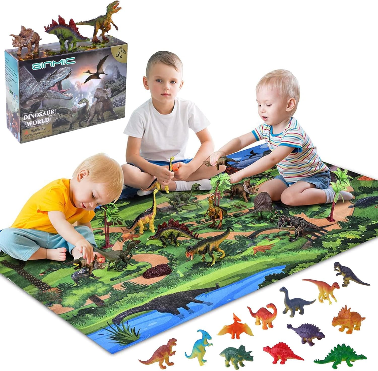 GINMIC Dinosaur Toys, Large 31.5 x 47.3 Inch Play Mat with 21 Realistic Looking Dinosaurs Including T-Rex, Triceratops, Velociraptor, Great Gifts for Kids 3 Year Olds and Up