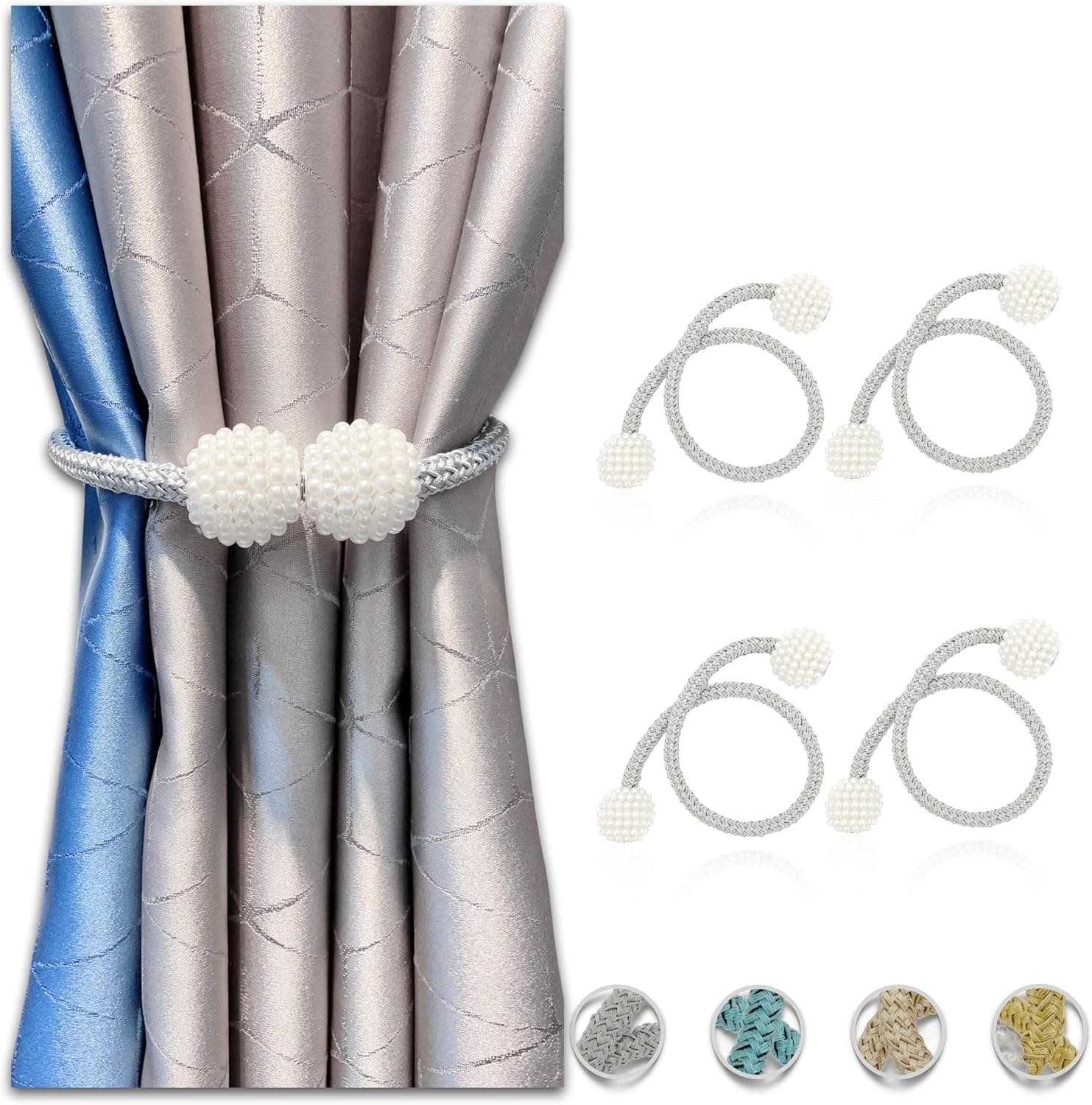 4 Pack Curtain Tiebacks Magnetic Curtain Holdbacks Pearl Decorative Rope Curtain Clips 16 inch Window Curtain Tie Convenient Curtain Buckle for Sheer Curtains & Blackout Curtains, No Need Drilling