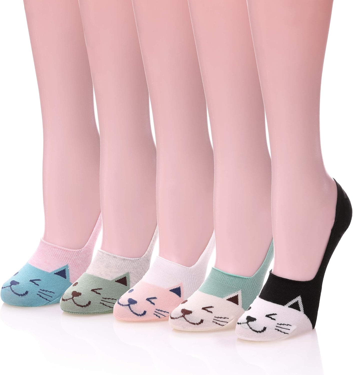 AOXION Womens Cute Animal No Show Liner Casual Socks Non Slip Low Cut Invisible Socks 5 Pairs Cat