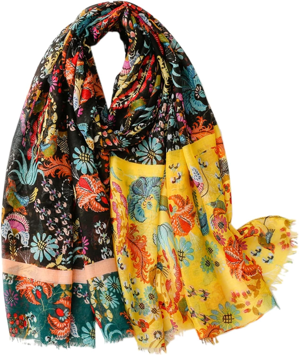 GUZOSJO Women's Boho Cotton Hemp Lightweight Floral Printed Scarf Long Shawl Wrap Scarf Head Shawl for Fall Spring