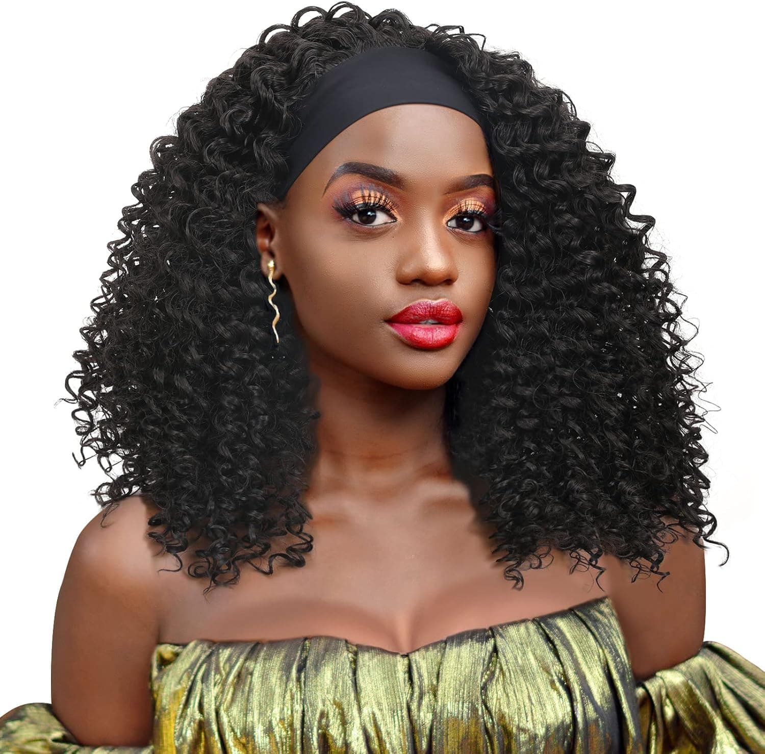 Luxspire Headband Wigs, Synthetic Deep Wave Natural Wigs 150% Density Glueless None Lace Front Wigs, Heat Resistant Long Curly Brazilian Virgin Wig for Black Women Daily Party, 18 Inch Natural Color