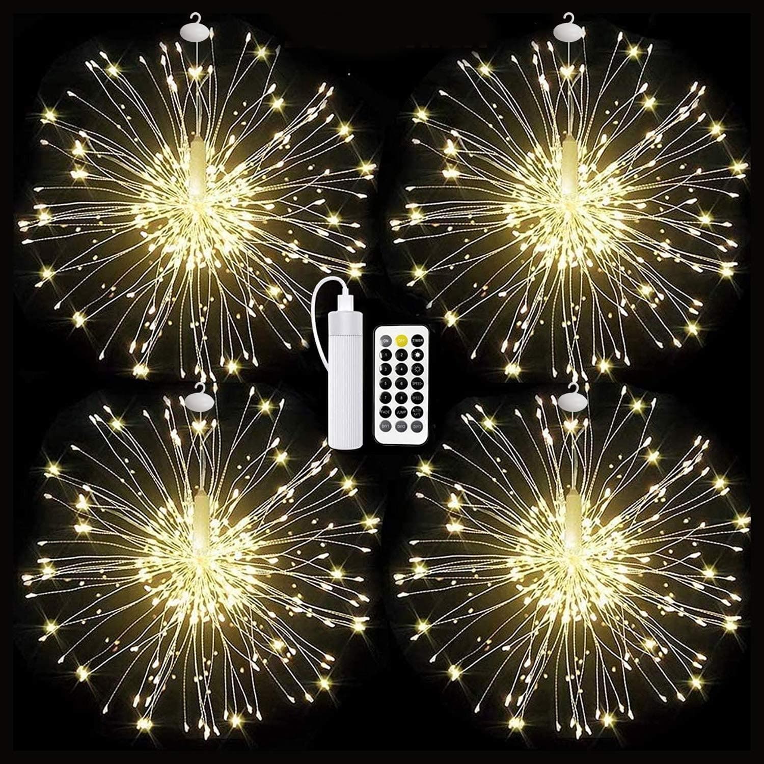 Homly Rechargeable Firework Lights Starburst String Lights 120 led Copper Wire Fairy Lights with 8 Modes and Remote Control, Waterproof Hanging Lights for Christmas Party Patio Decoration (4 Pack)