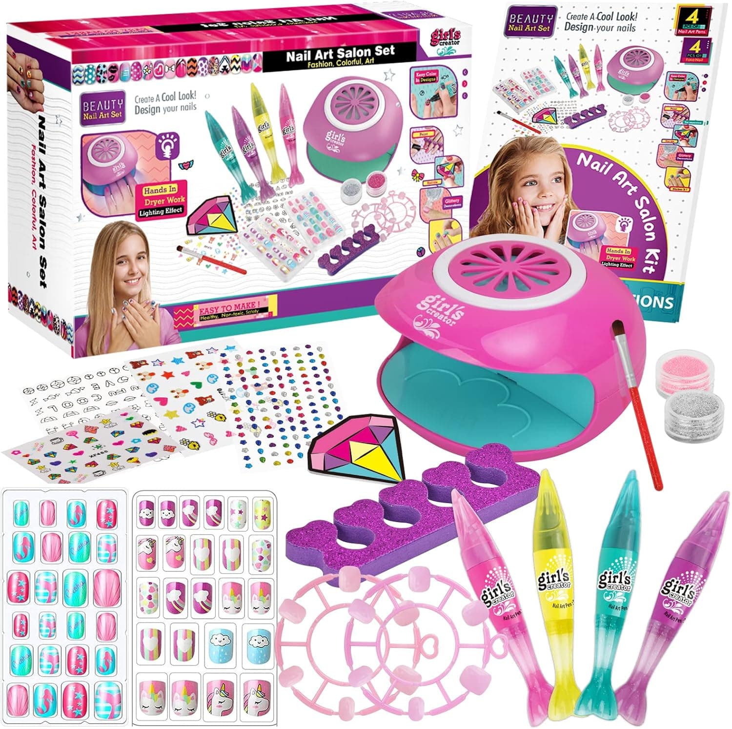 Amagoing Nail Art Kit for Girls, Kids Nail Polish Play Set with Nail Dryer, 2 in 1 Nail Pens,Sticky Cartoon Fake Nail, DIY Sticker, Nail Studio Decoration Birthday Christmas Gift for Kids Age 6-12