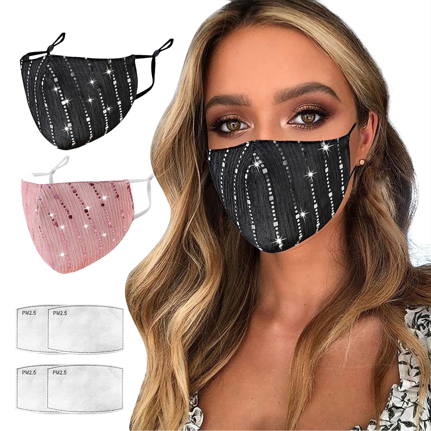 Sparkly Mesh Face Mask Reusable Face Bandanas Decorative Halloween Nightclub Costume Party Masks for Women (#Black + #Dark Pink)