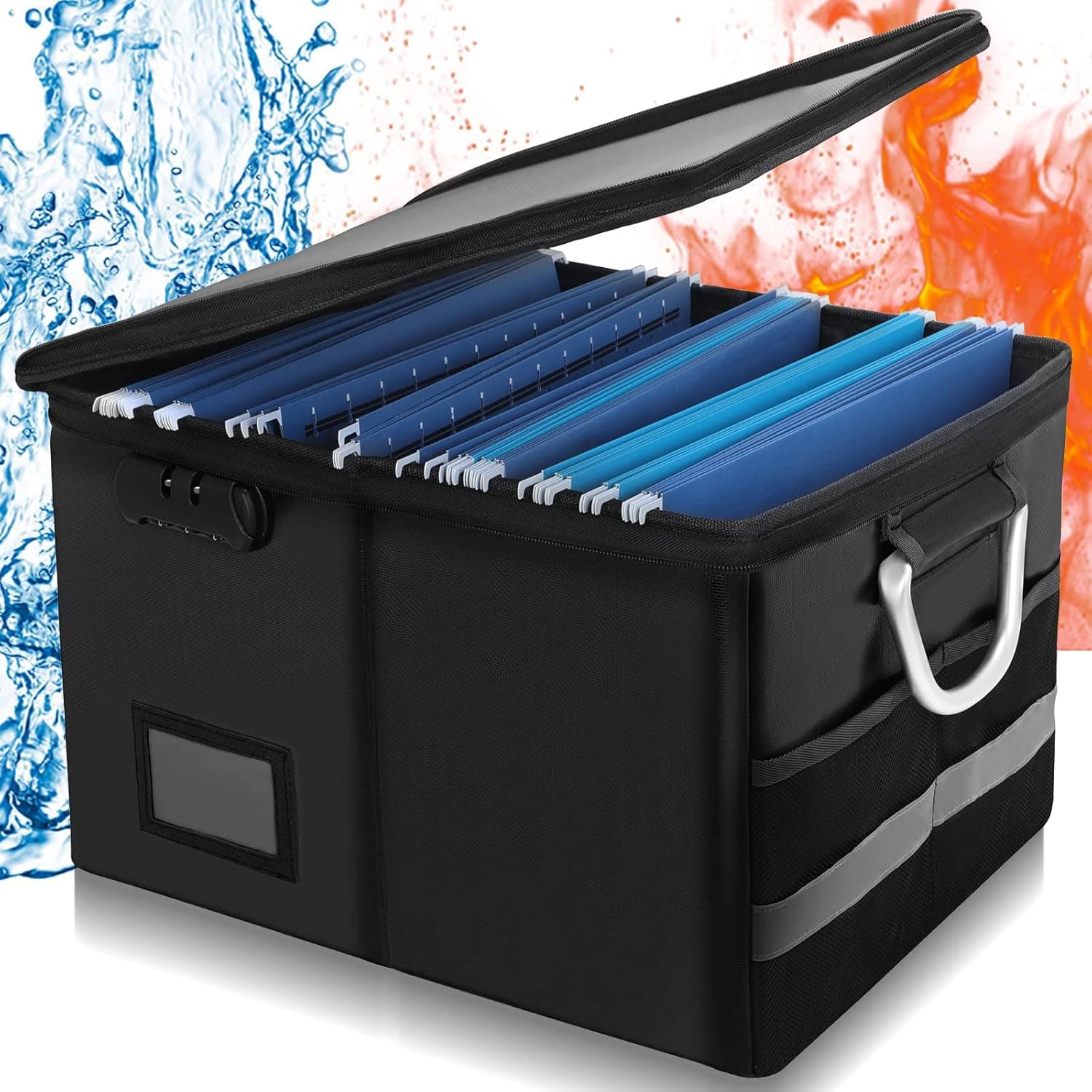 PAKITE File Box with Lock, File Organizer Collapsible Storage Waterproof Fireproof Document Bags Filing Box with Handle and Zipper, Portable Home Office Safe Box for Hanging Letter/Legal Folder, Black