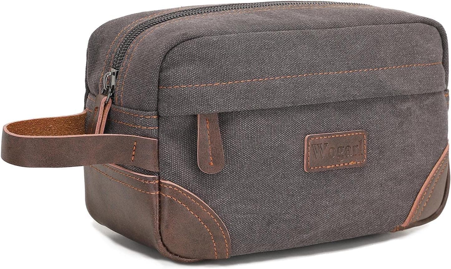 Wogarl Toiletry Bag for Men, Leather and Canvas Travel Toiletry Bag Dopp Kit Shaving Bag for Travel Accessories (Dark Grey)