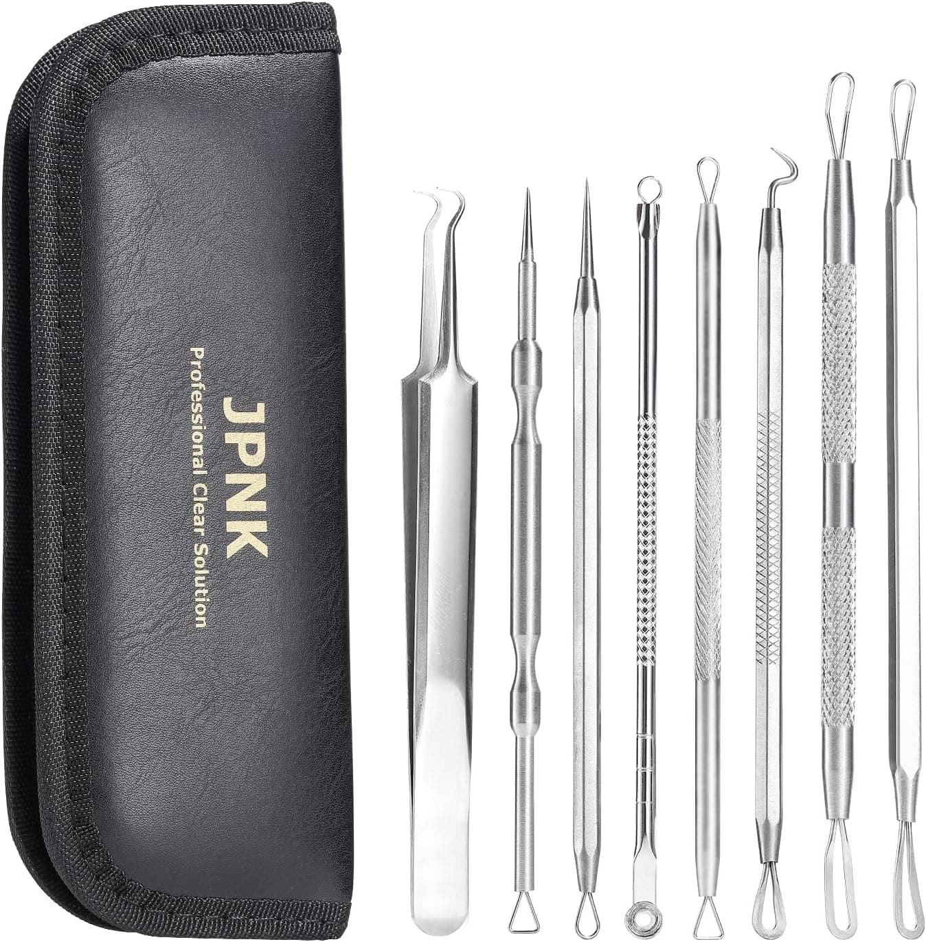 新品 JPNK New 8PCS Blackhead Remover Comedones Extractor Acne Removal Kit for Blemish, Zit Removing for Nose Face Tools with a Leather Bag… (Black)