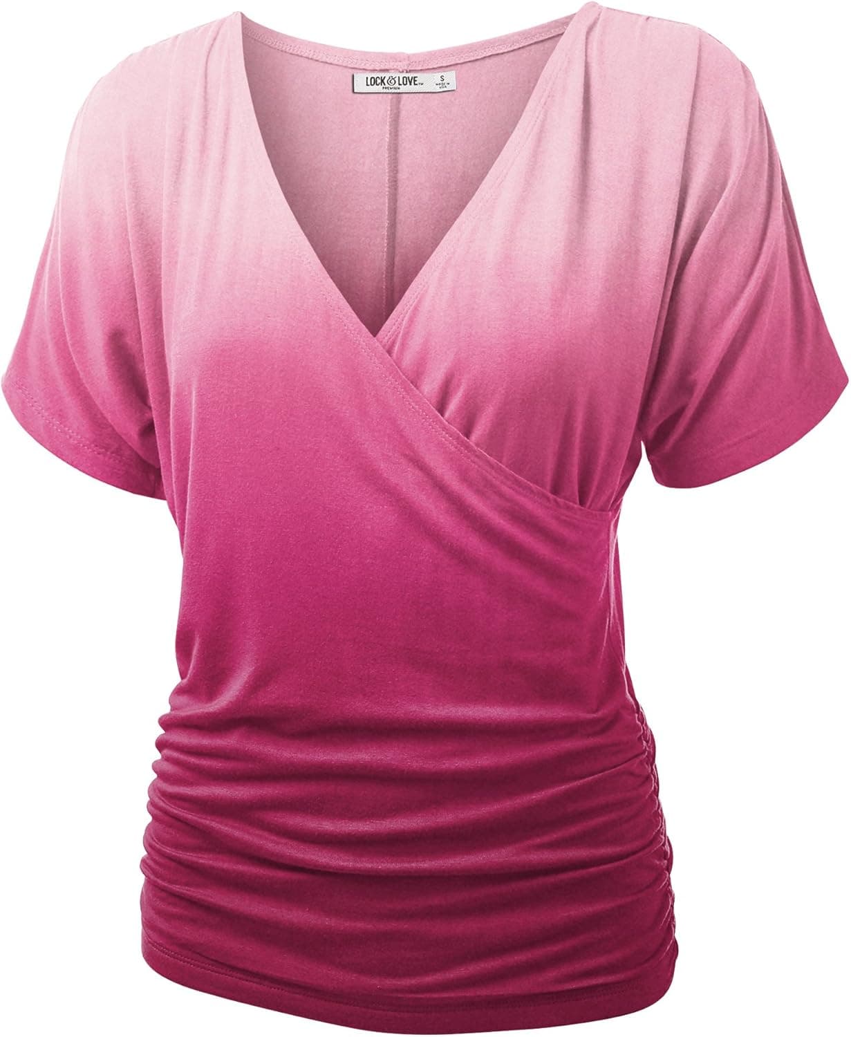 Lock and Love Women's Vneck Short Sleeve Wrap Front Ombre Deep Dye Dolman Top - Made in USA