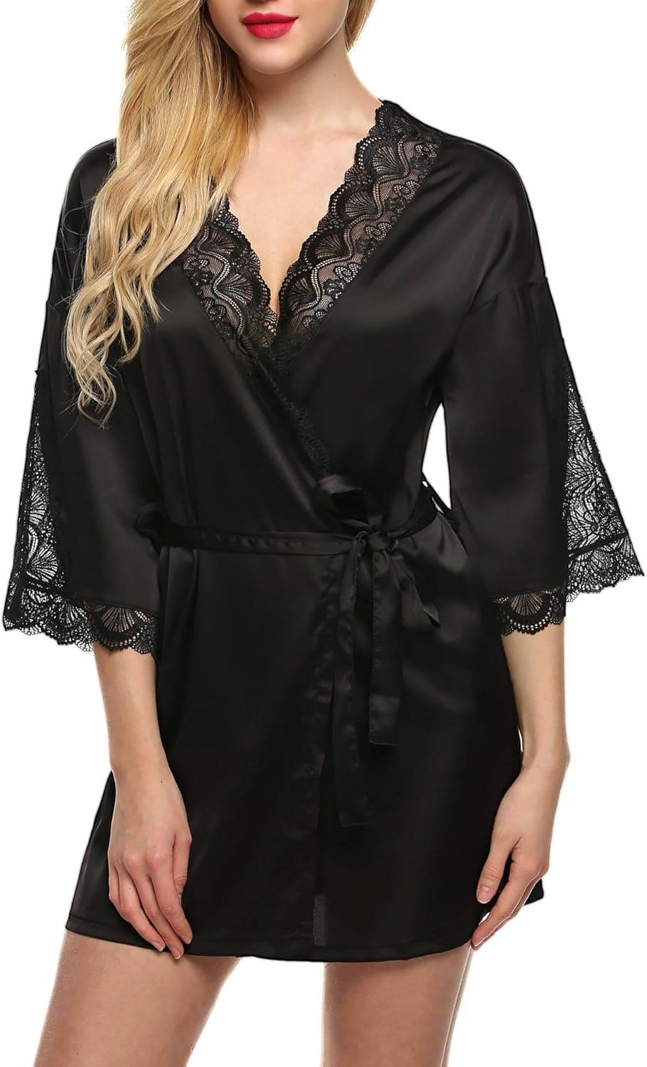 Ekouaer Bridal Robe Sexy Lingerie Sleepwear Short Satin Robe Lounging Bathrobe (Black, Medium)