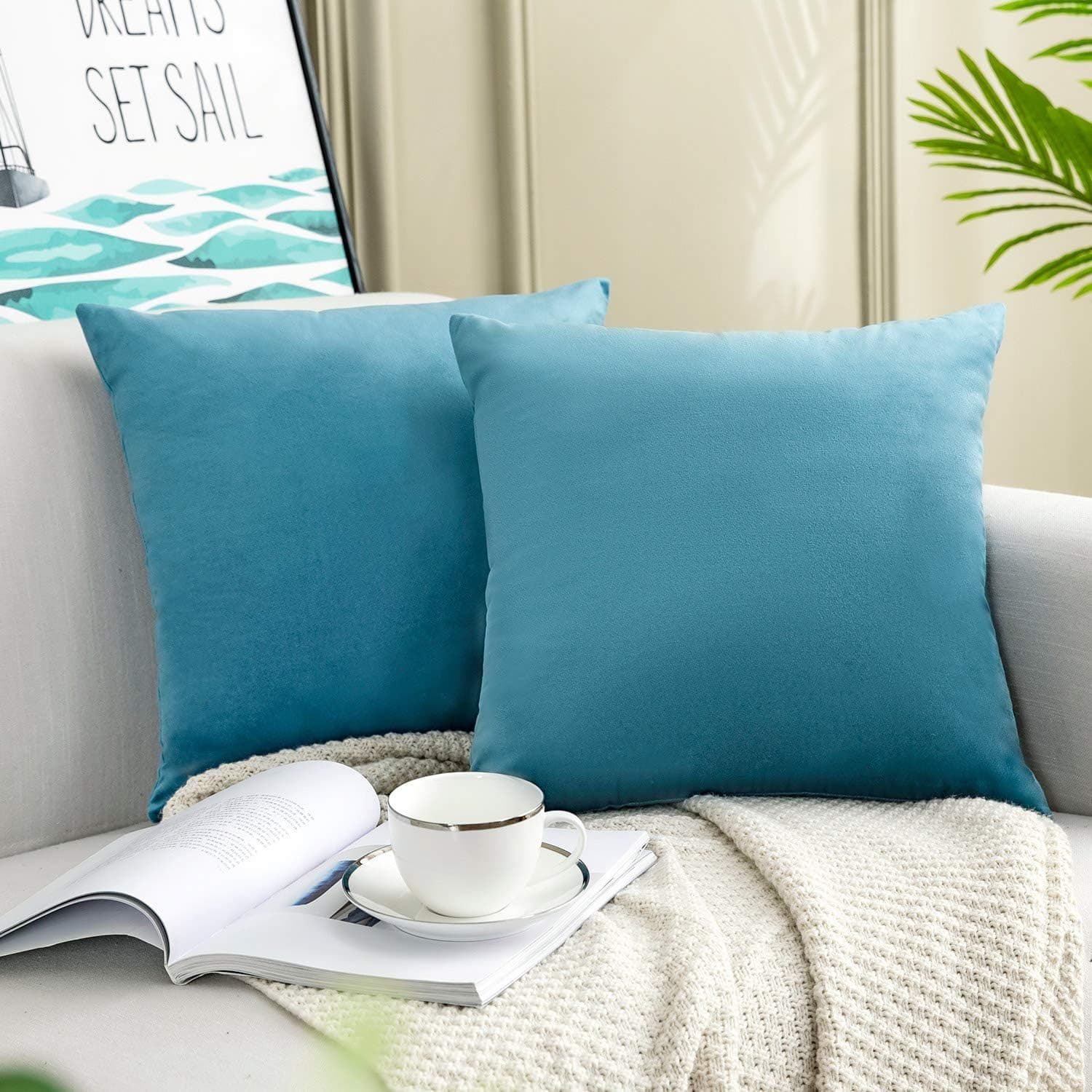 YESHOME Pack of 2 Throw Pillow Covers Light Blue Decorative with Soft Velvet Solid Cushion Cover Bedroom Office Car 20x20