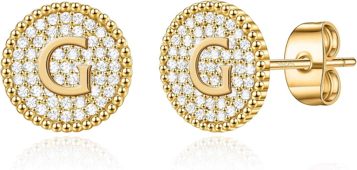 Initial Stud Earrings for Girls, S925 Sterling Silver Post Hypoallergenic Cubic Zirconia Disc Hexagon Girls Earrings for Kids Gold Plated Dainty Letter Initial Earrings for Women Girls Sensitive Ears