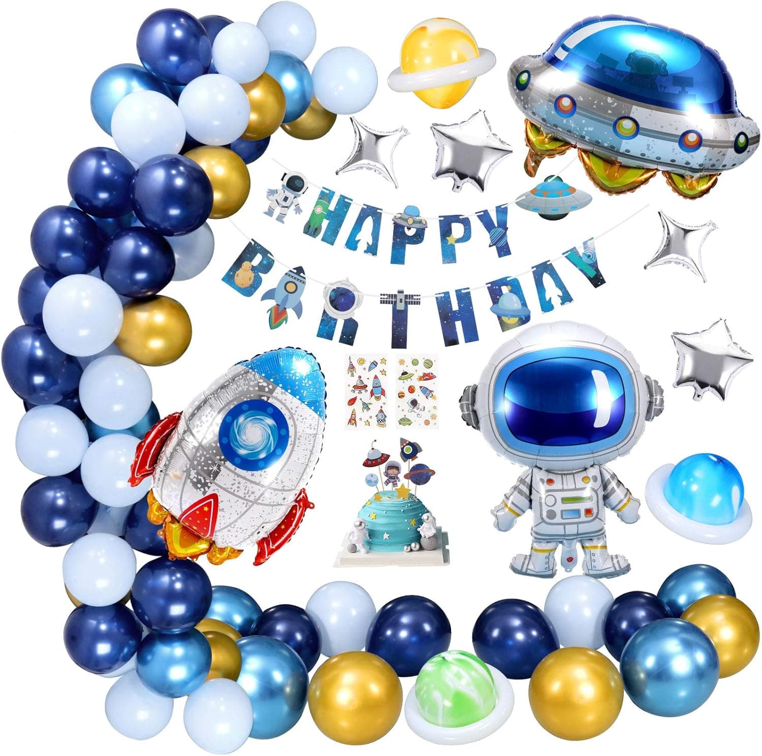 XDDIAS Space Theme Birthday Party Decorations for Boys, Party Supplies with Latex Balloons, Astronauts Rockets Foil Balloon with Happy Birthday Banner, Outerspace Sticker and Cake Topper
