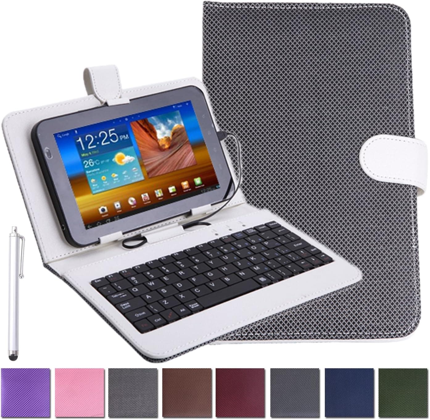 HDE Universal 7" Tablet Case with Micro USB Keyboard with Stylus Bundle Diamond Stitch Hard Leather Cover (White)