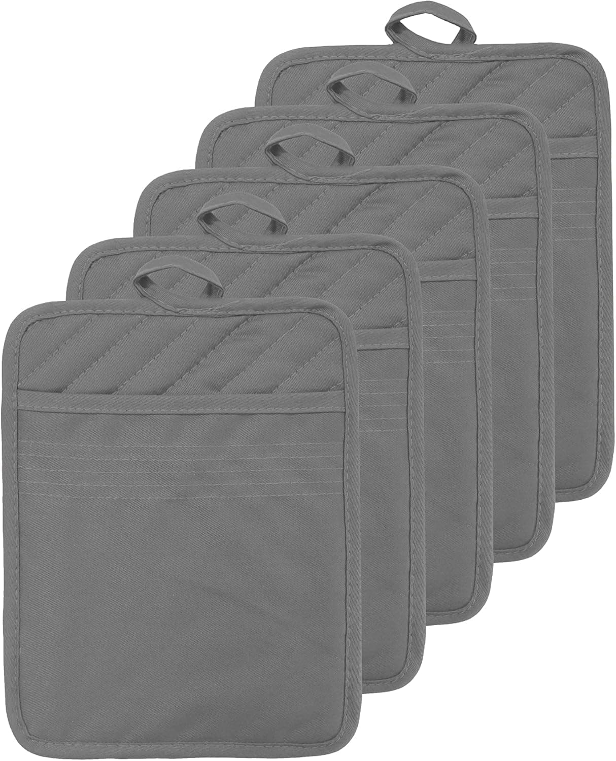 VEIKERY Oven Pot Holder with Pocket Cotton Heat Resistant Coaster Potholder Kitchen Hot Pad Gray Oven Mitts for Cooking and Baking Square 7"x9" (Gray, 5)
