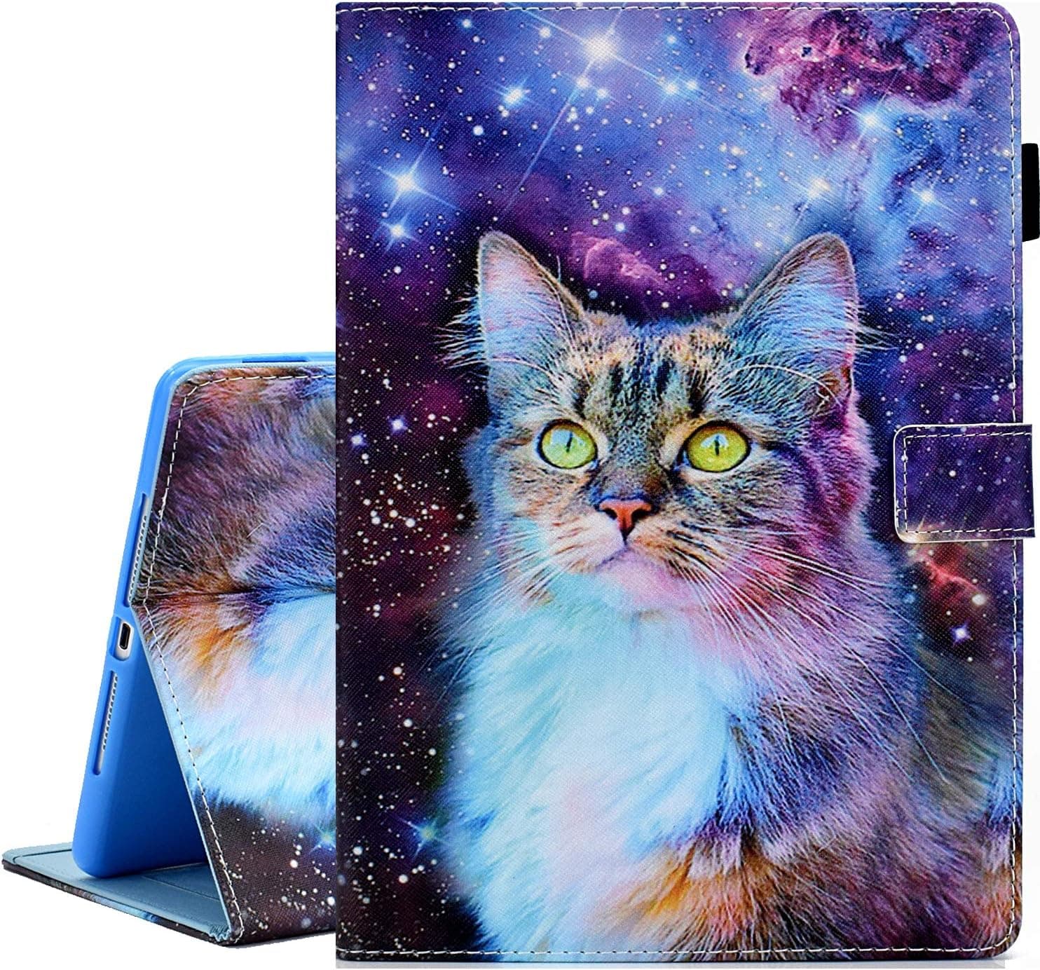 KEROM iPad 6th/5th Generation Case (9.7-inch, 2017/2018 Version), iPad Air 2 Case 2014, iPad Air Case 2013, PU Leather Stand Cover Case for iPad 6th Gen/5th Gen/Air 2/Air 1, Auto Sleep/Wake, Space Cat