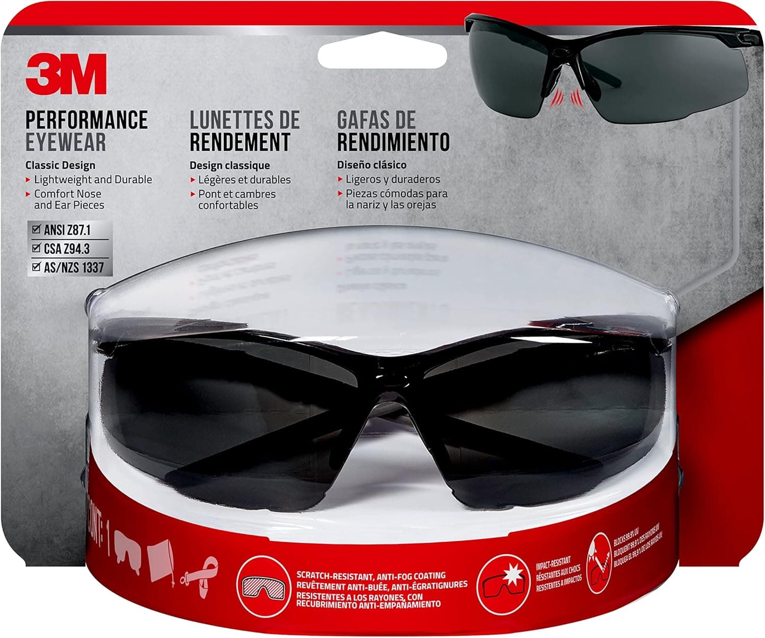 3M Performance Eyewear, Multi-Purpose Design, Black Frame, Gray Lens, 1/Pack