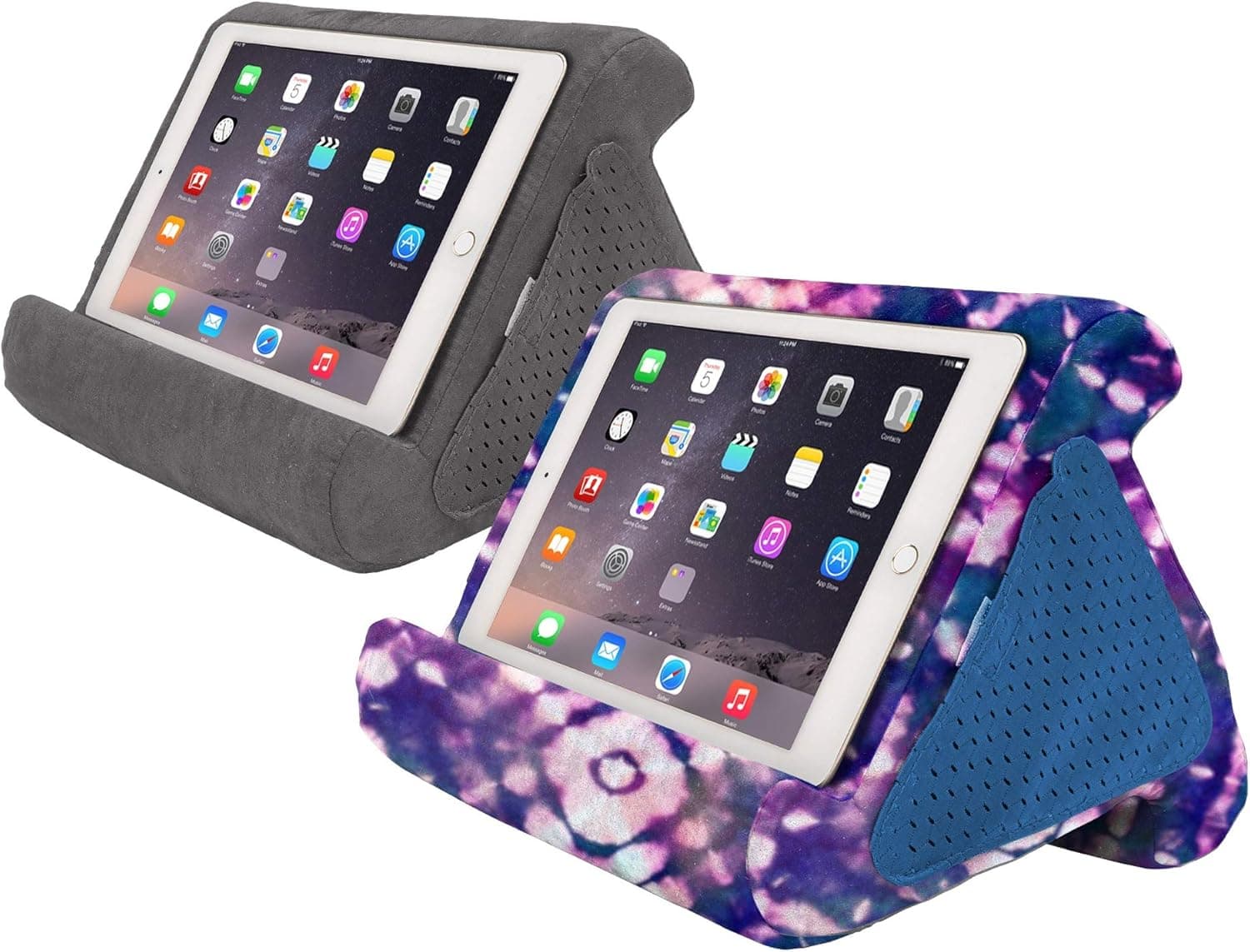Flippy Fun Size, Compact Multi-Angle Soft Pillow Lap Stand for Mini iPads, Tablets, eReaders, Smartphones, Books, for All Ages, Easy to Store and Travel with (Smokey, Tie Dye, 2-Pack)