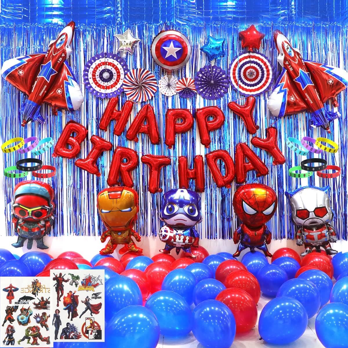 Superhero Party Decoration Kit | Avengers Birthday Party Supplies for Kids |102pcs Super Hero Birthday Decor Set with Balloons, Foil Fringe Streamers , Paper Fans, Tattoos, Wristbands And Air Pump