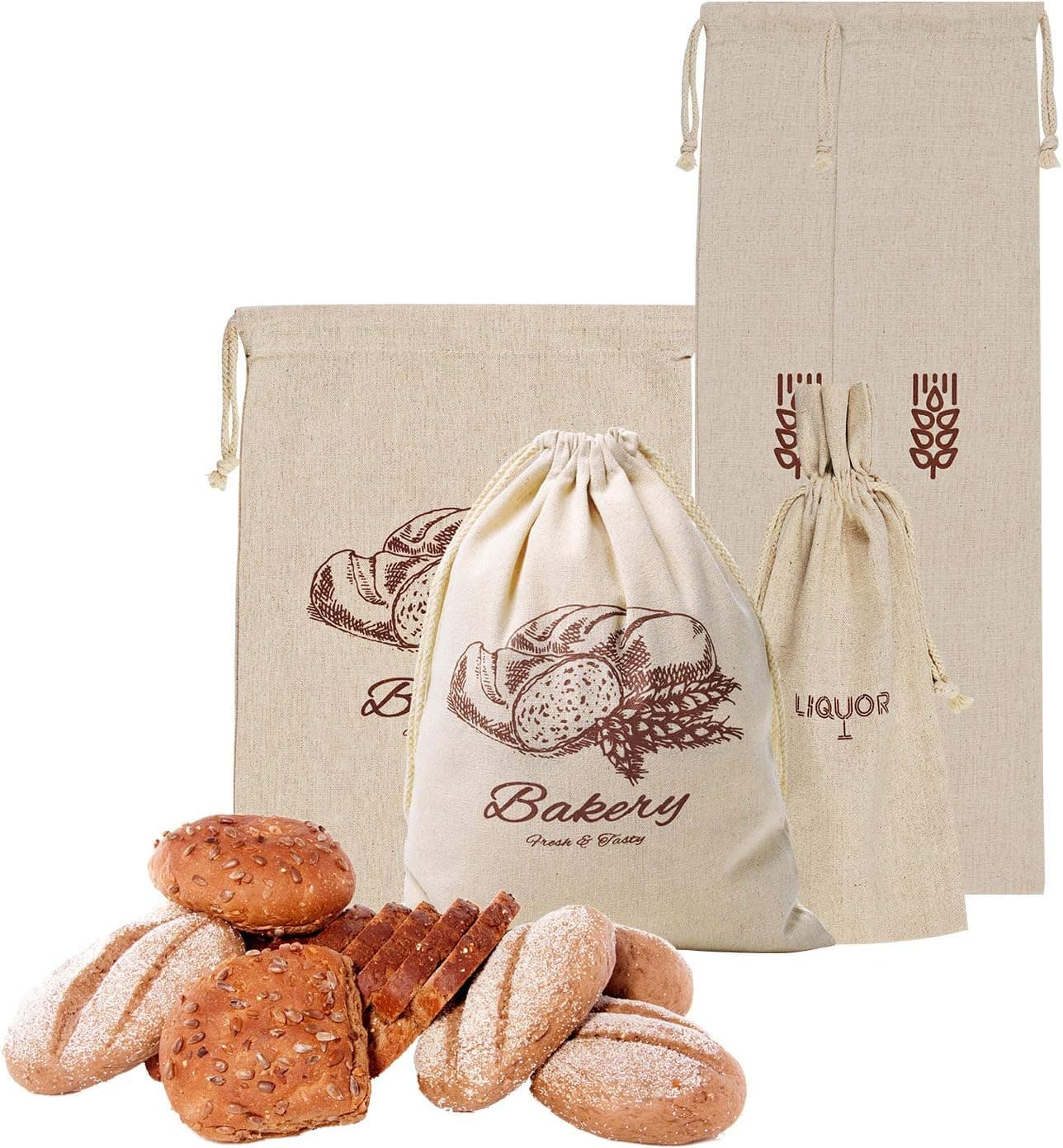Mothers day gifts Linen Bread Bags for Homemade Bread,Pack of 4 Large Bread Bags,Natural Unbleached Reusable Linen Bags for Loaves,Baguettes and Grocery Storage,Ideal Organization Bags for Bakers.
