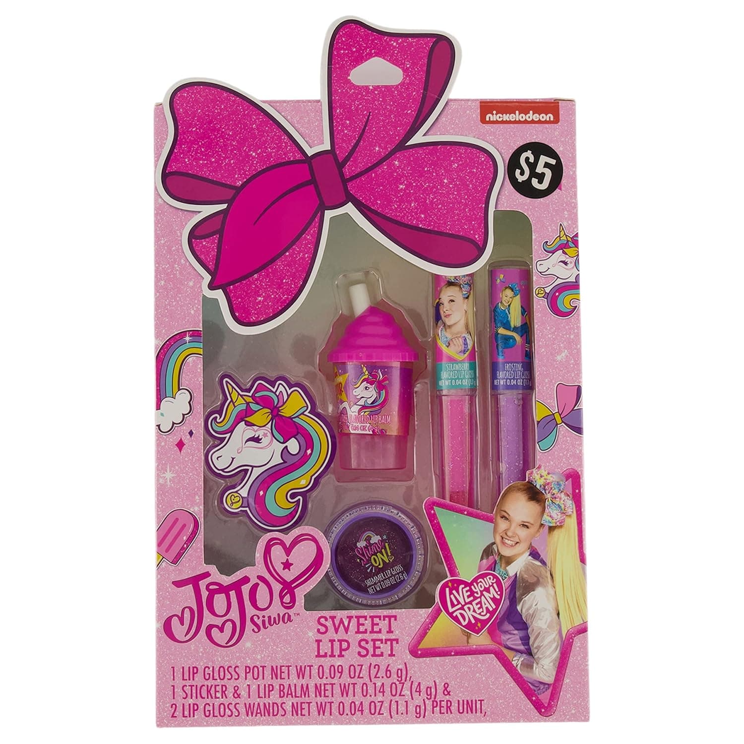 Taste Beauty JoJo Siwa Live Your Dream Set, Unicorn Smoothie Lip Balm and Flavored Lip Gloss, 5-Piece Set