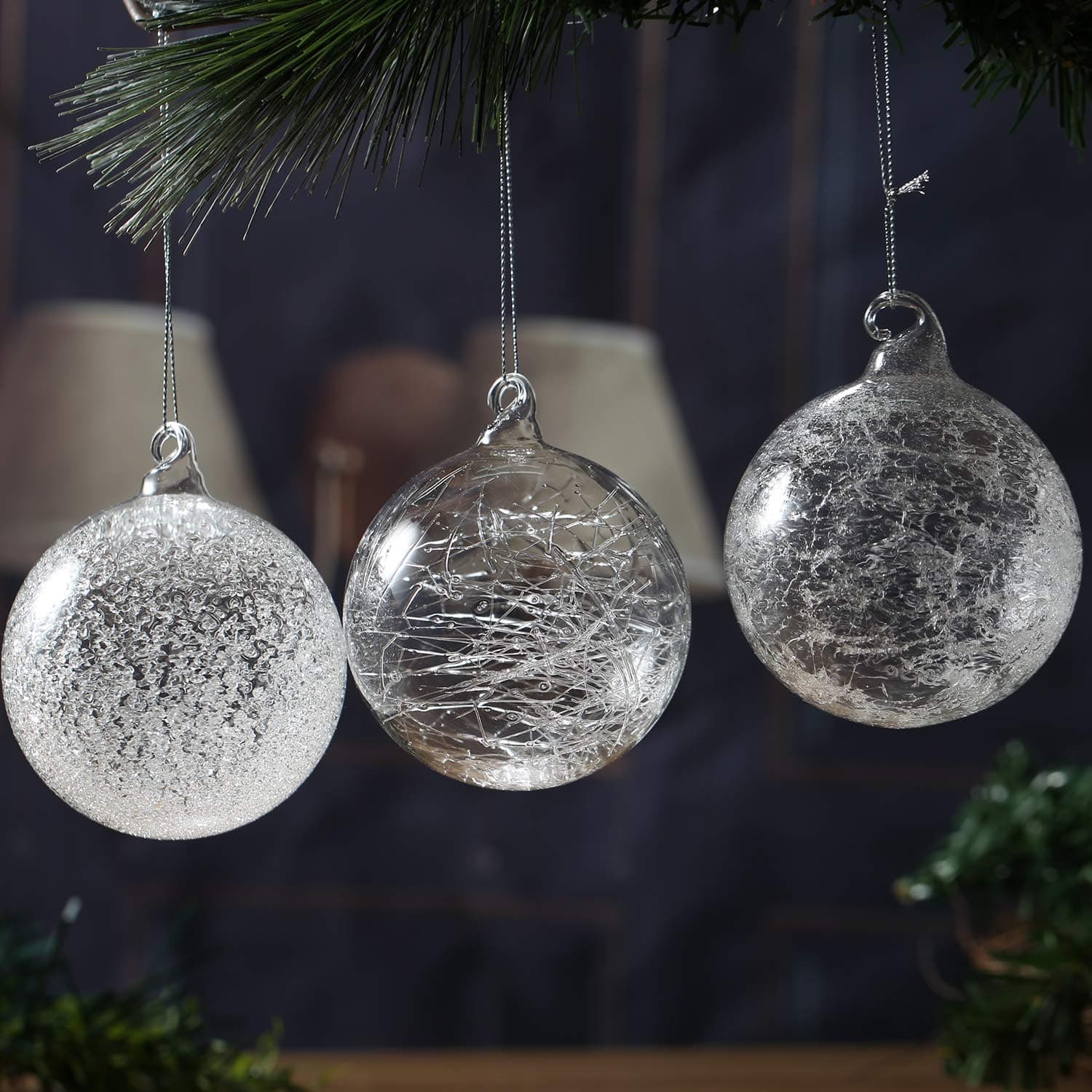 Christmas Glass Handmade Clear Ball Ornaments 2.36”/6 cm Silk Frost Glitter Decoration Gift Present Mouth Blown Tree Hanging Wedding Party Home Birthday Glitter Baubles Sphere Set of 12 Pieces