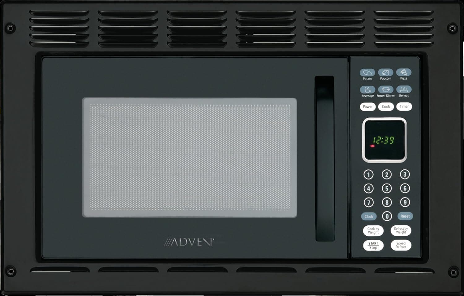 Advent MW912BK Black Built-in Microwave Oven with Trim Kit specially built for RV Recreational Vehicle, Trailer, Camper, Motor Home, Boat etc., 0.9 cu.ft. capacity, 900 watts of cooking power and 10 adjustable power levels let you boil, reheat, defrost and more, 6 pre-programmed one-touch digital cook seetings let you easily prepare popcorn, pizza, frozen entrees or beverages at the touch of a button, Glass turntable rotates foods to provide even cooking, Easy access door, Black
