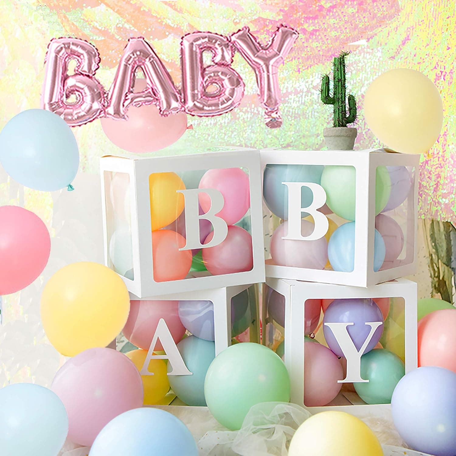 Baby Shower Decoration Balloon Box - 4 pcs Transparent Balloons Blocks with Letter BABY with balloons, centerpieces party favors for baby girl boy birthday gender reveal backdrop (macaron)