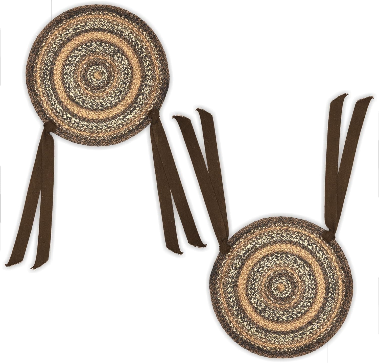 VHC Brands Espresso Farmhouse Decor Dining Room Jute Chair Pad with Ties- 15 Inch Round Seat Cushion, 2 Piece, Set of 4, or Single Pack, Brown (2 Count (Pack of 2))