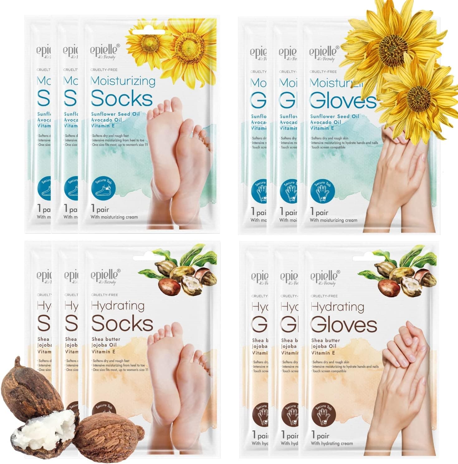 NEW Epielle Hydrating & Moisturizing Gloves & Socks Masks Combo 12pk for Hand and Foot STOCKING STUFFERS!!