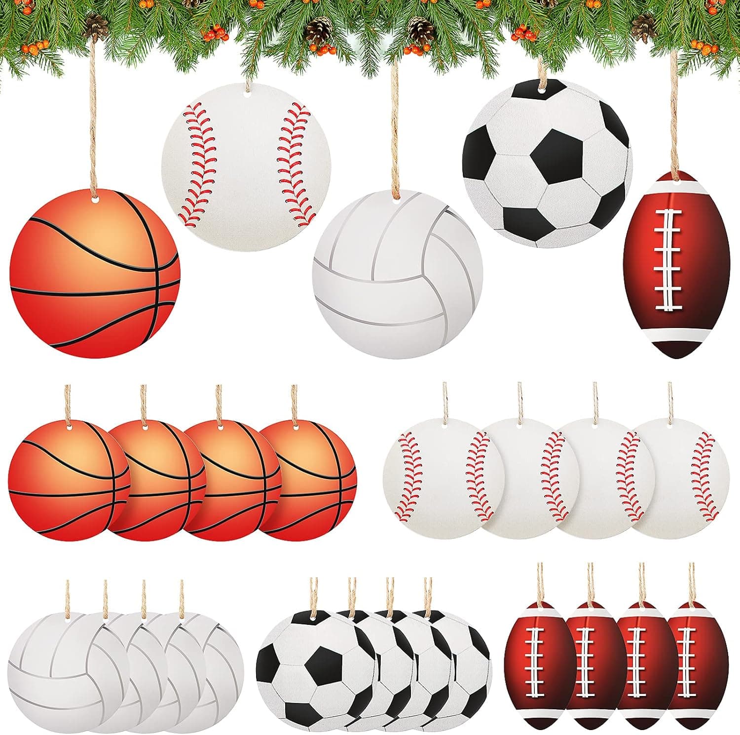 25 Pieces Christmas Sports Ball Ornaments Set Double-Sided Christmas Wooden Ball Ornaments Soccer Basketball Volleyball Hanging Xmas Wood Crafts Tree Decorations for DIY Christmas Tree Party Decor