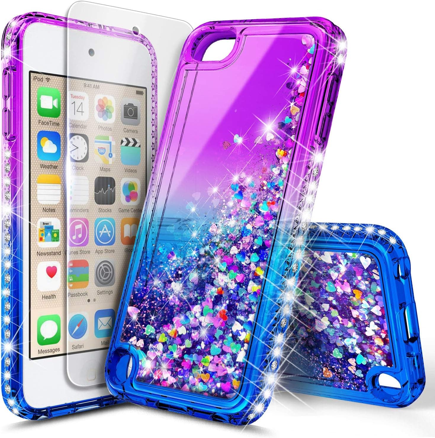 iPod Touch 7 Case, iPod Touch 5/6 Case with Premium HD Screen Protector for Girls, NageBee Glitter Sparkle Liquid Floating Durable Clear Cute Case for iPod Touch 7th/6th/5th Generation -Purple/Blue