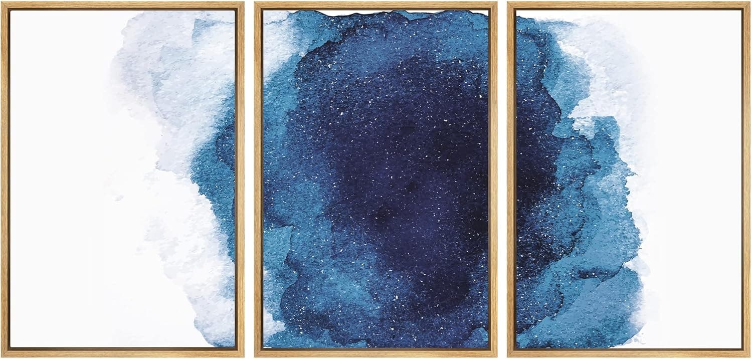 SIGNWIN 3 Piece Framed Canvas Wall Art Navy Blue Watercolor Nature Wilderness Illustrations Abstract Traditional Relax/Calm Home Artwork Decoration for Living Room,Bedroom - 24"x36"x3 Natural