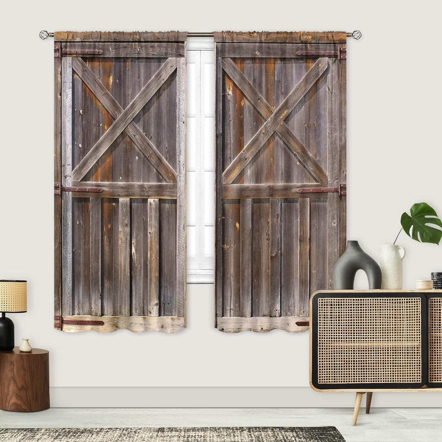 Cinbloo Rustic Barn Door Curtains Brown Wooden Rod Pocket Farmhouse Garage Gate Vintage Barnwood Men Western Bedroom Decor Country Cabin Wood Art Printed Living Room Window 42W x 63L Inch 2 Panels
