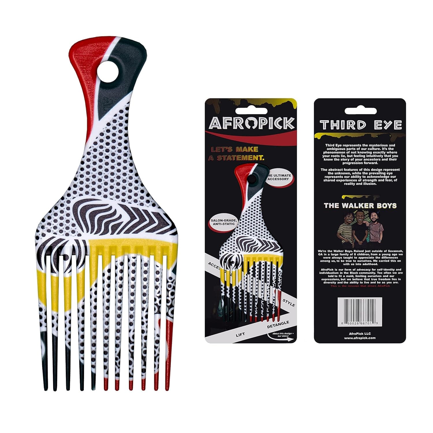 Afropick Anti-Static Plastic Black Hair Pick for Natural Curly Long Thick Hair- Afro Pick Comb for Men, Women- African Artist Designs (Third Eye)