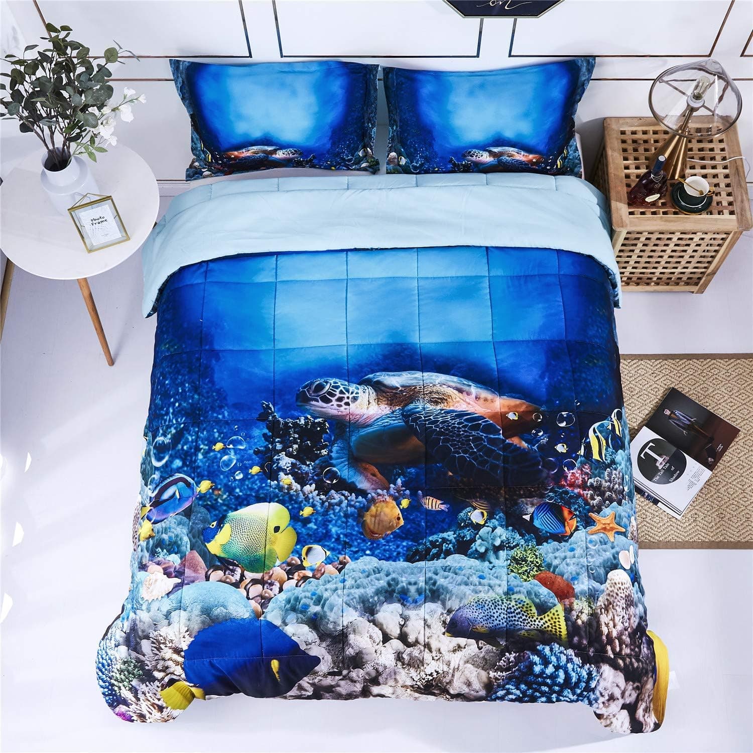 HIG 3D 3 Piece Queen Size Turtle in Sea Print Comforter Set with Two Matching Pillow Shams - Box Stitched Quilted Duvet - General for Men and Women Especially for Children Bedding Set (P30,Queen)