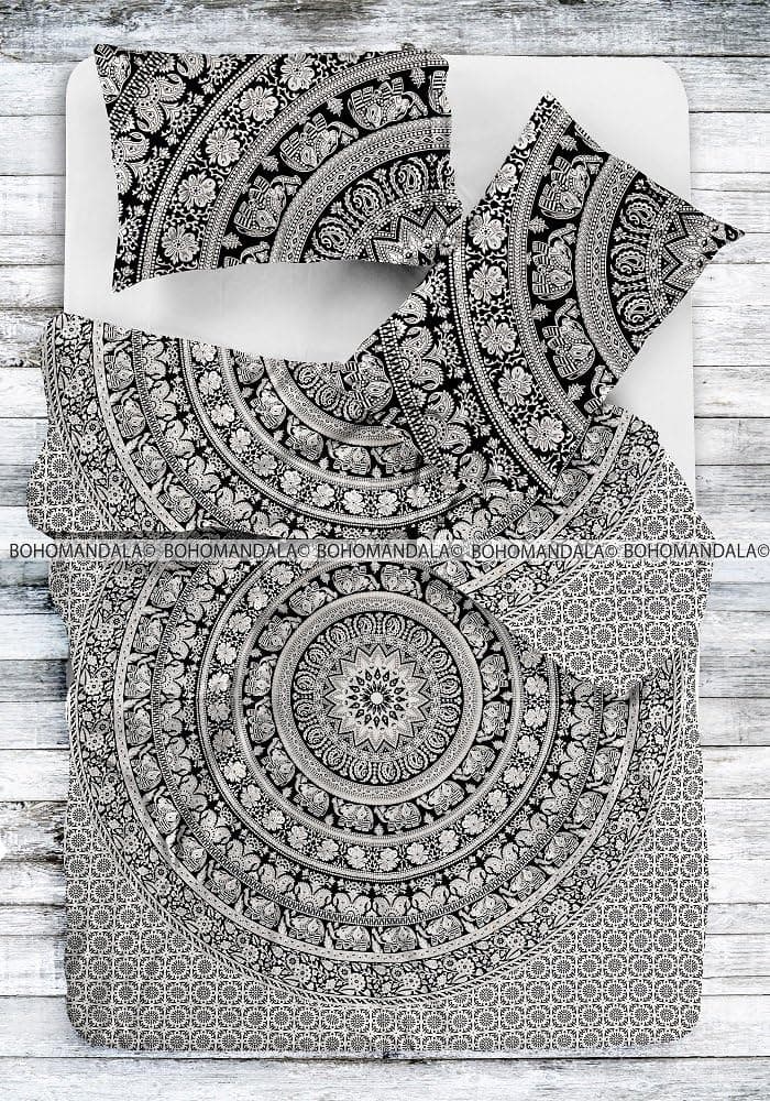 Bohomandala Duvet Cover Indian Elephant Black & White BW Design Mandala Printed