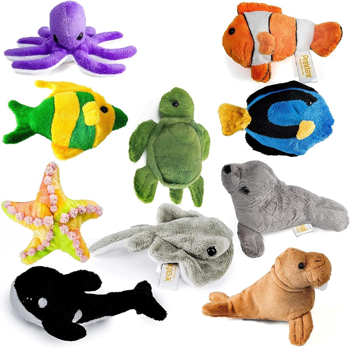 PREXTEX 10 Piece Plush Soft Stuffed Sea Animals Playset Plush Sea Life Assortment, Turtle, Stingray, Nemo Fish, Killer Whale and More