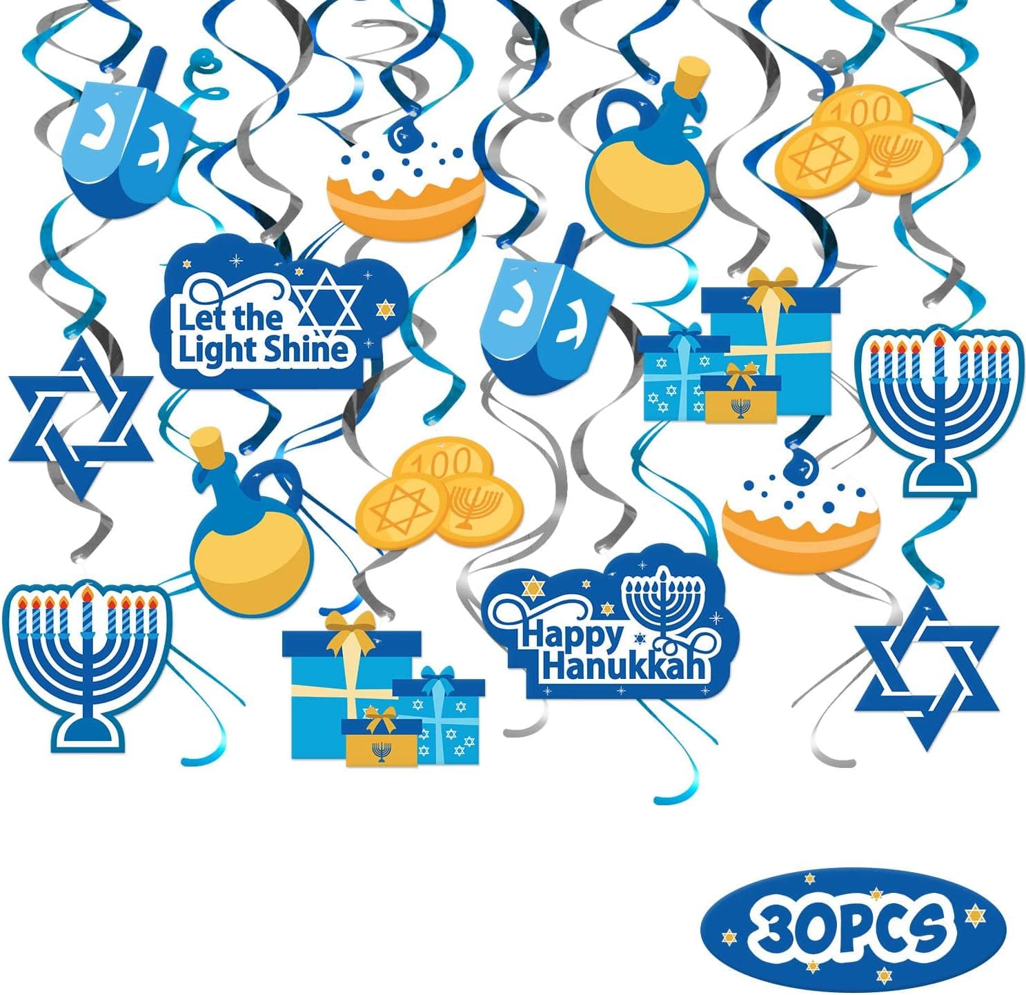 Bessmoso 30Pcs Hanukkah Hanging Swirl Decorations Ceiling Streamers for Chanukah Themed Party Holiday Party Supplies