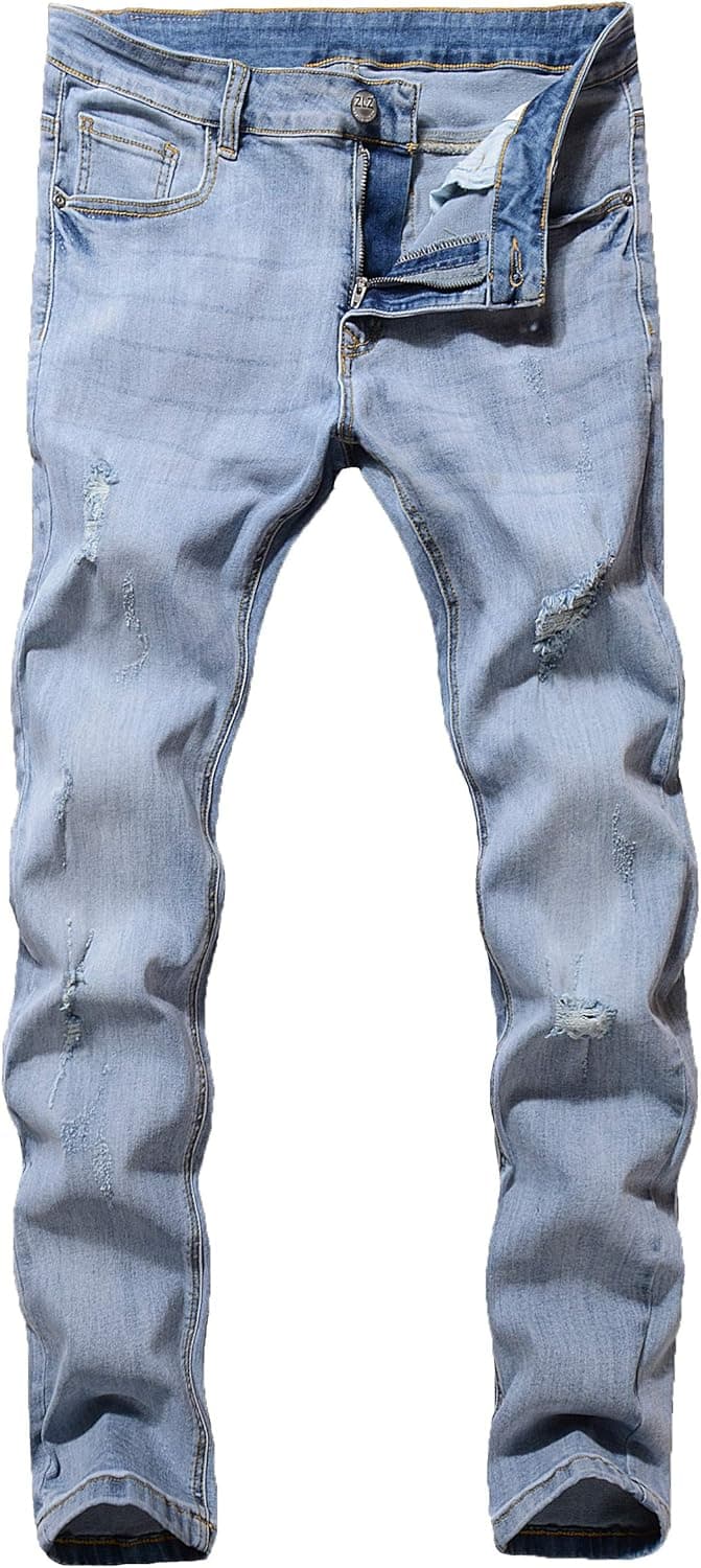 ZLZ Blue Black Ripped Distressed Jeans for Men Slim Fit, Men's Fashion Design Streetwear Destroyed Jeans Pants Stretch Fit