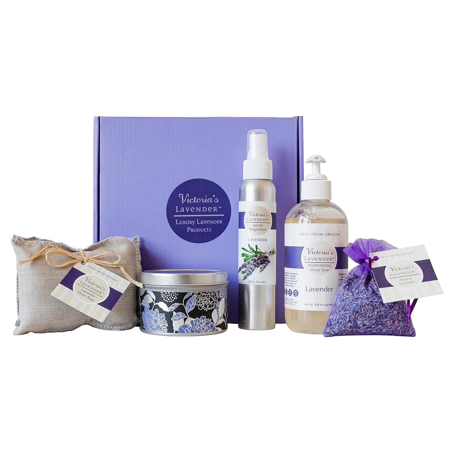 Victoria's Lavender Gift Set for Housewarming & Wedding- Home Kit w/Soy Candle, Room Spray, Hand Soap, Organza Sachets, Dryer Bags, Skin Care Sets & Kits, Bath Products & Body Care Set