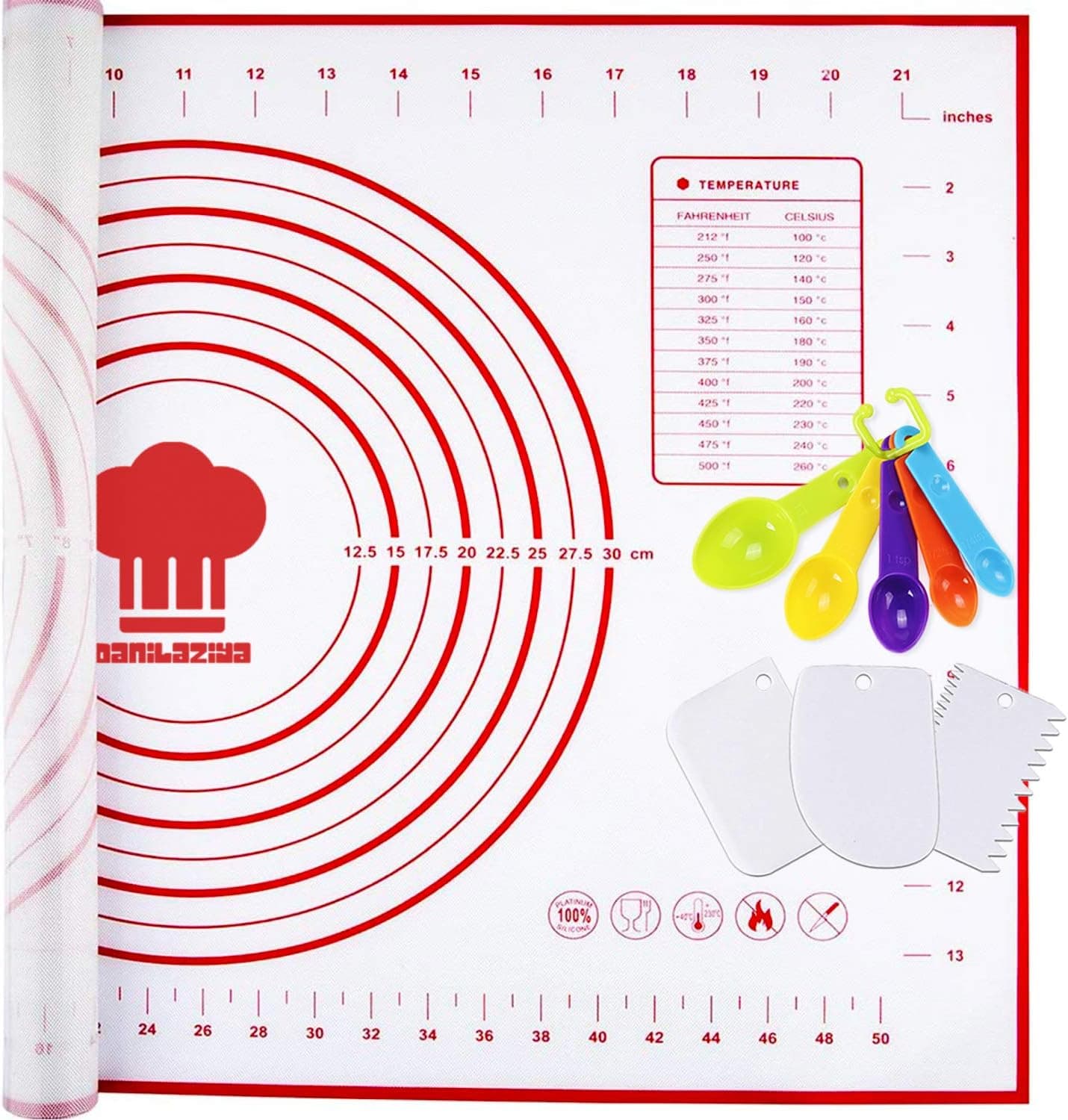 Baking Mat balloon Extra Thick Pastry Mat Fondant Mat balloon, Counter Mat, Dough Rolling Mat, Oven Liner, Pie Crust Mat with 3 Pcs cake Scraper balloon and 5 Pcs Measuring Spoons balloon