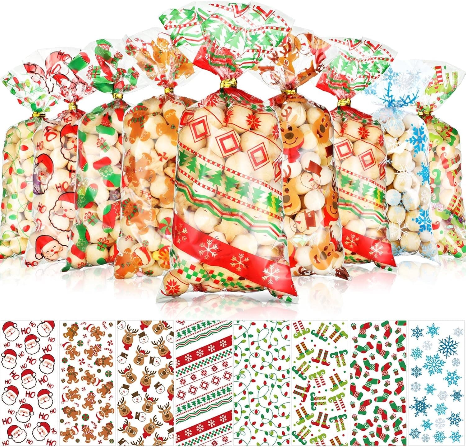 Blulu Christmas Cellophane Bags Snowflake Treat Favor Bags Xmas Santa Plastic Candy Goodie Bags with Gold and Silver Twist Ties for Winter Holiday Party Decorations, 8 Assorted Styles (240 Pieces)