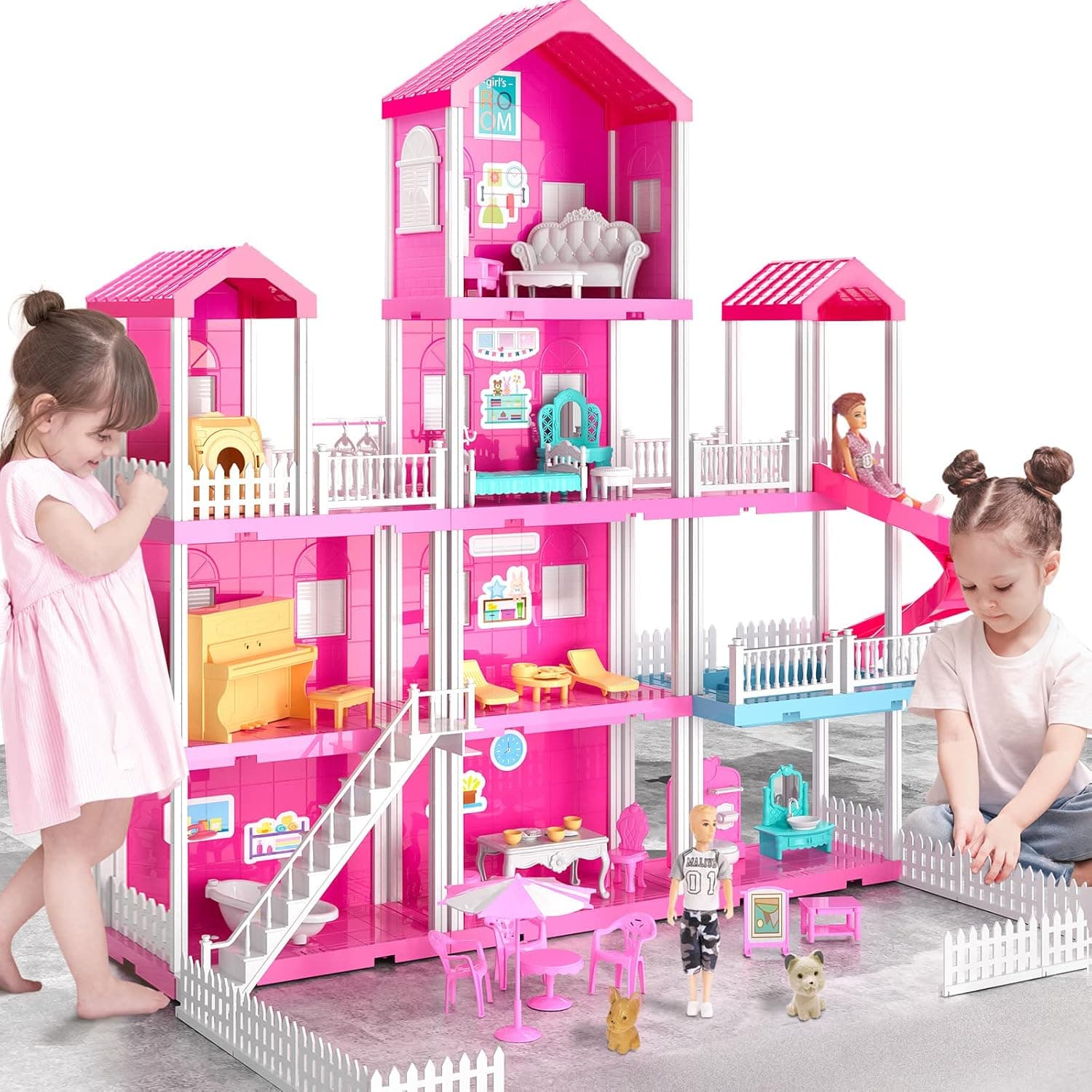 TEMI Dream House Doll House with 2 Doll Toy Figures, 4-Story 10 Rooms Dollhouse with Accessories and Furniture, Toddler Playhouse Gift for Kids Ages 3 Toys for 3 4 5 6 Year Old Girls