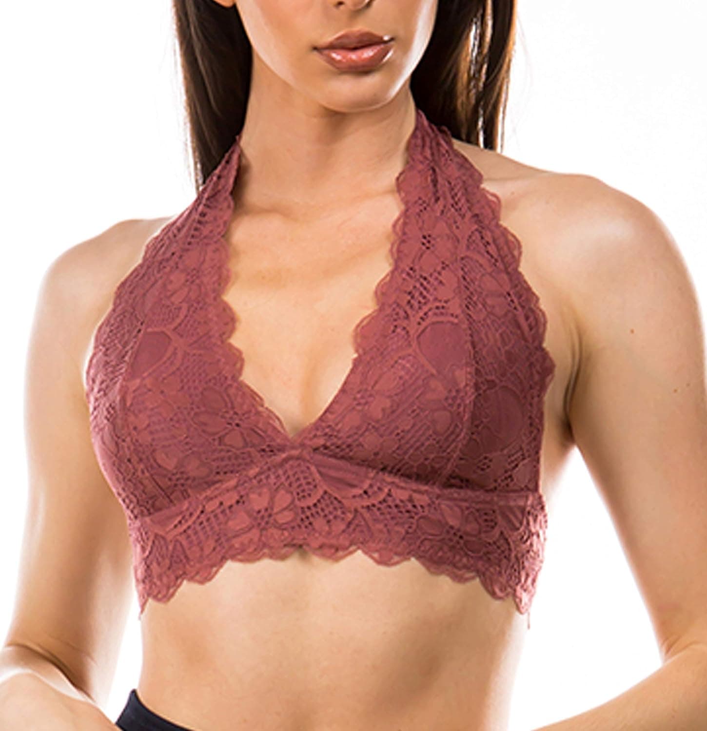 Halter V Neck Flora Lace Un-Pad Bralette Top Sheer Bra Bustier Crop Wireless Lingerie