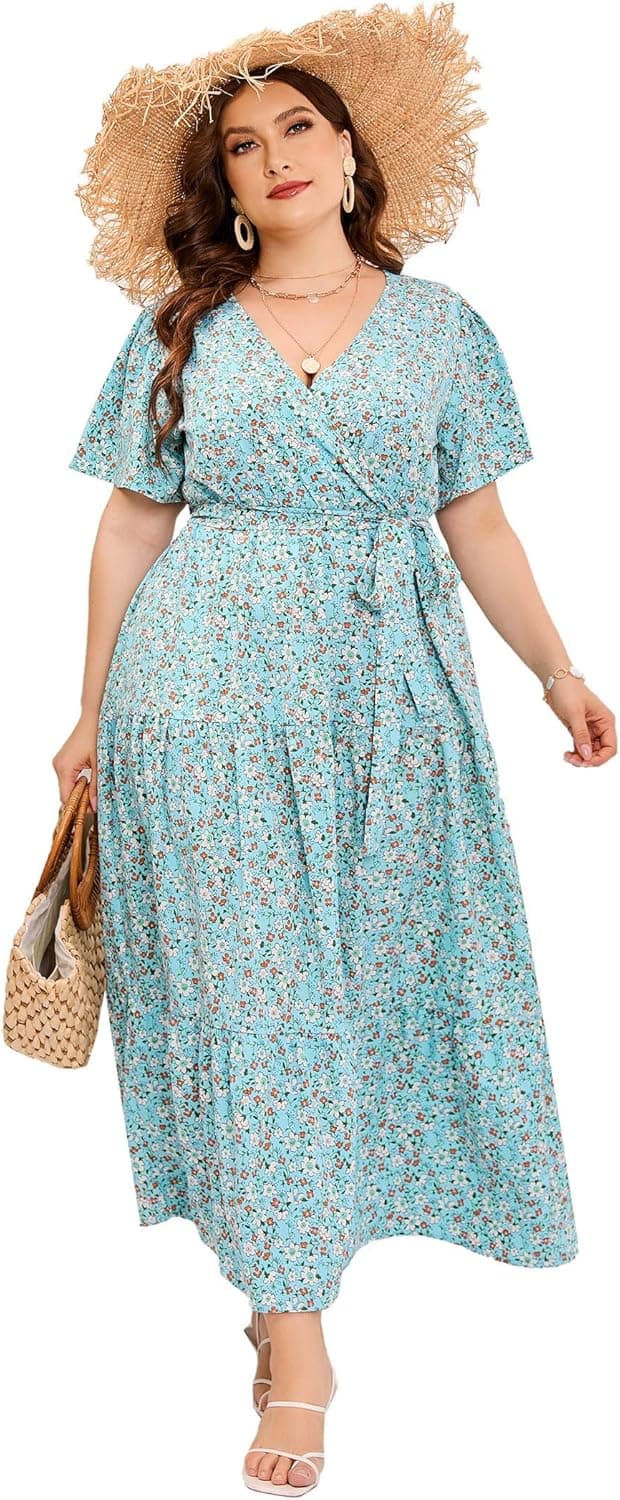 KOJOOIN Women Plus Size V Neck Wrap Maxi Dress Flutter Short Sleeve High Waist Ruffle Summer Casual Dress with Belt