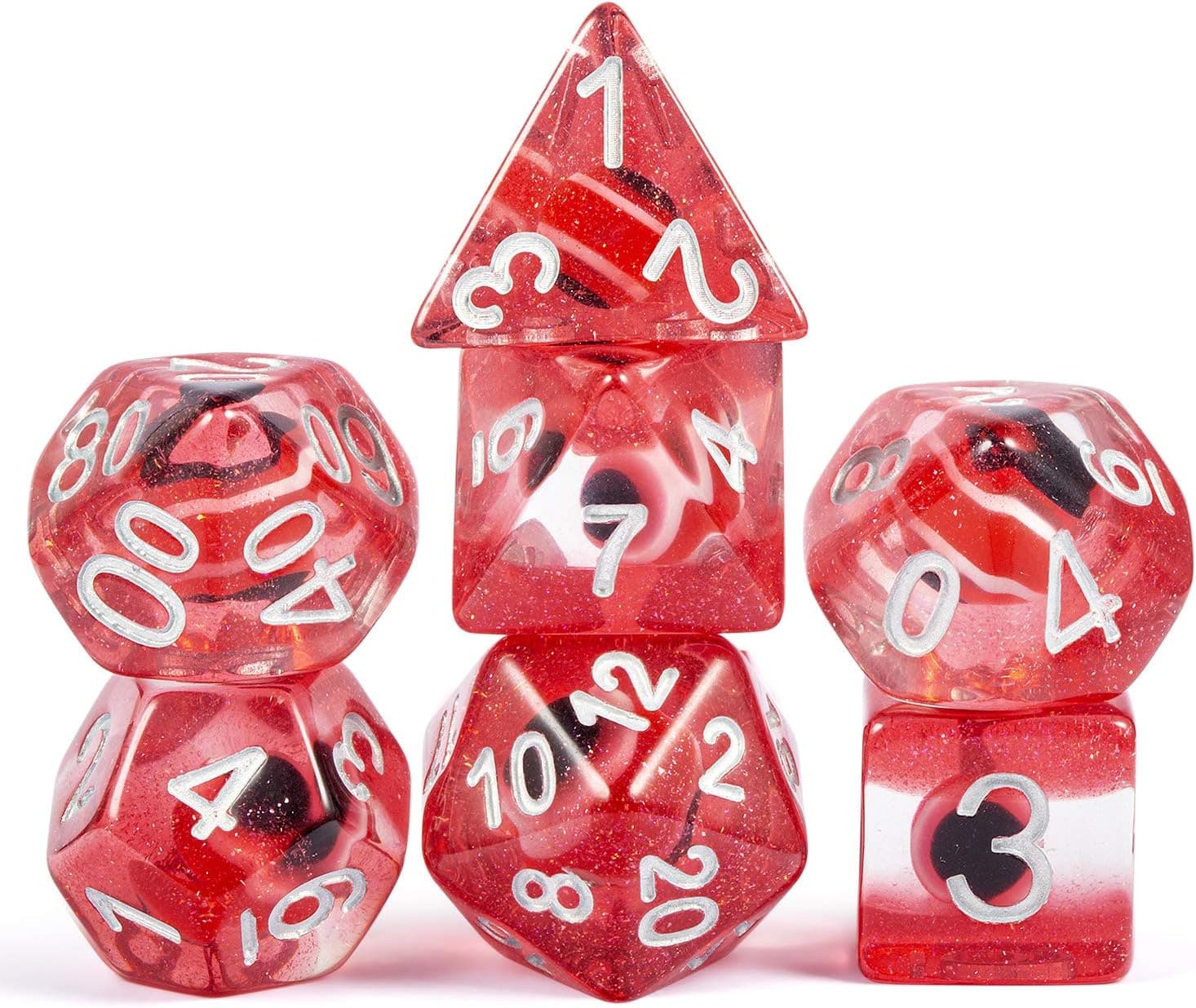 Eyeball Red DND Dice Set,DNDND 7 PCS Polyhedral Dice Set with Organza Bag for Dungeons and Dragons D&D Role Playing Games and Table Games( Red with Silver Number)