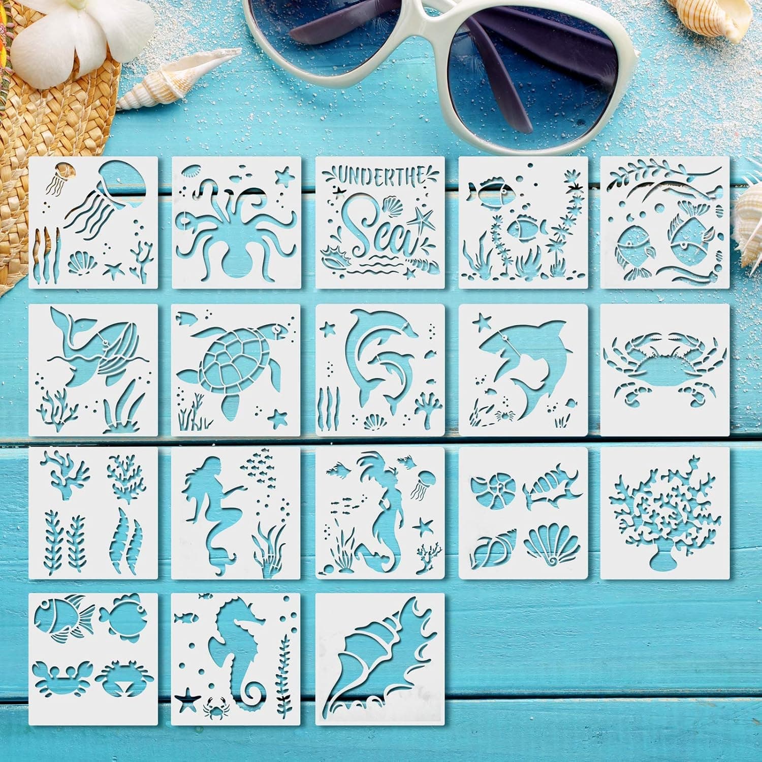 Gukasxi 18pcs Sea Ocean Creatures Stencils Templates Reusable Undersea Theme Drawing Stencils Seahorse Jellyfish Shark Ocean Animal Painting Stencils for DIY Scrapbook Paintings (20x20cm/8x8inch)
