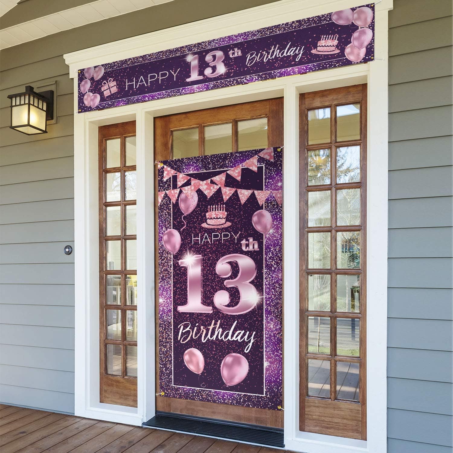 PAKBOOM Happy 13th Birthday Door Cover Porch Banner Sign Set - 13 Years Old Birthday Decoraions Party Supplies for Girls - Purple Pink