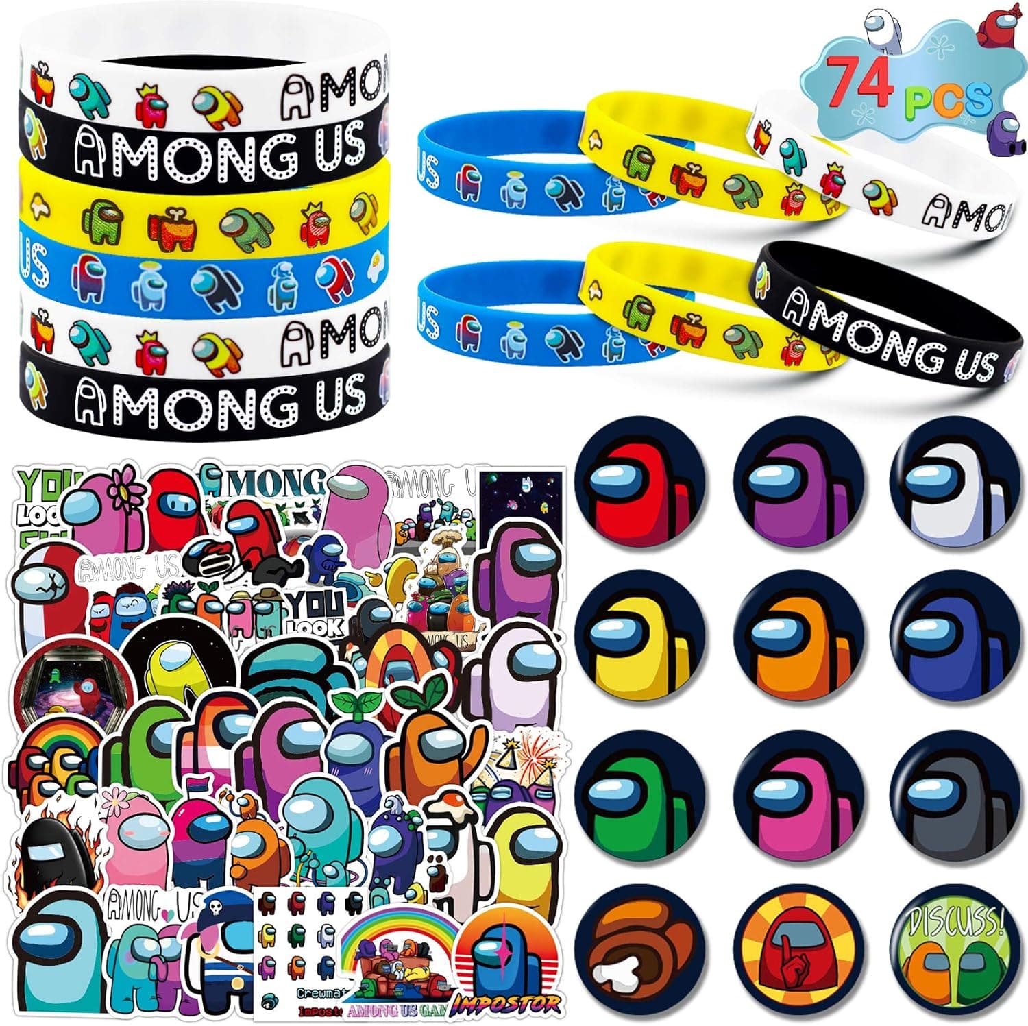 Cosershow Among Us Merch, 74 Pack Birthday Party Supplies Favors Gifts Set Include 12 Bracelets, 12 Button Pins, 50 Stickers for Video Game Among Us Fans