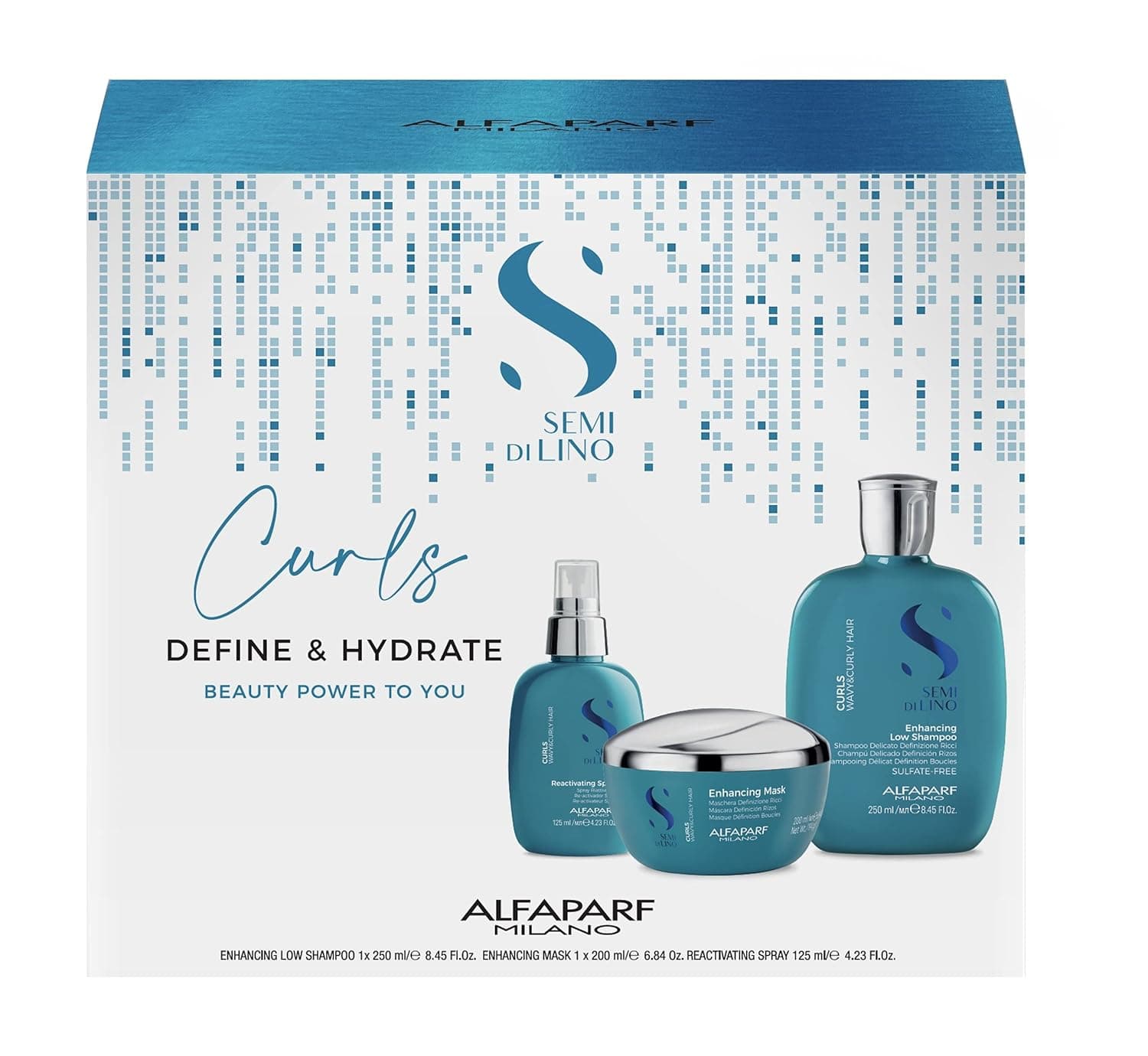 Alfaparf Milano Semi Di Lino Curls Gift Set for Wavy and Curly Hair - Sulfate Free Shampoo, Mask and Reactivating Spray - Defines and Hydrates - Humidity Protection - Adds Shine and Softness, 1 ct.